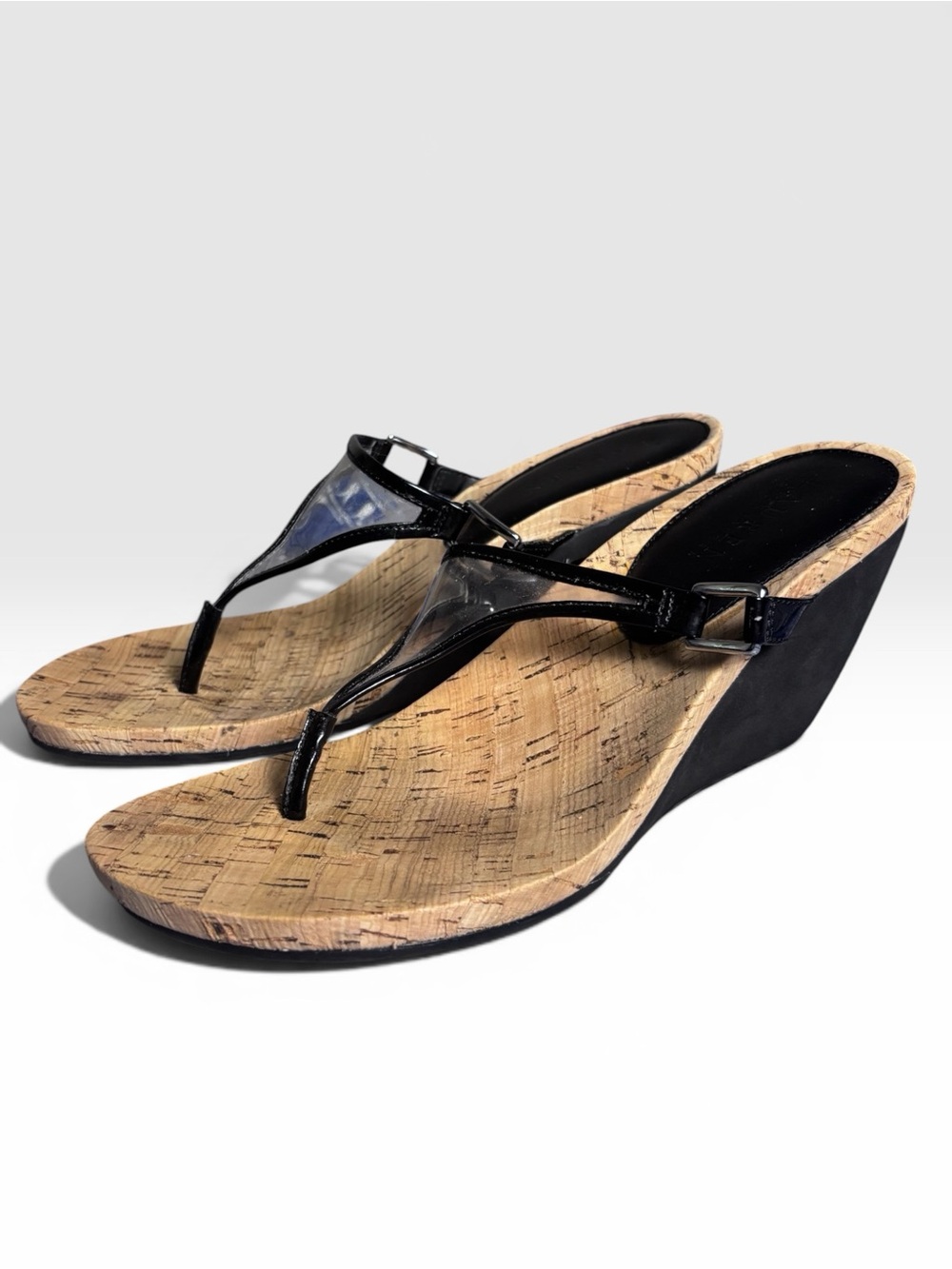 Lauren Ralph Lauren Cork Wedge Sandals Clear Strap Black Patent Size 8.5